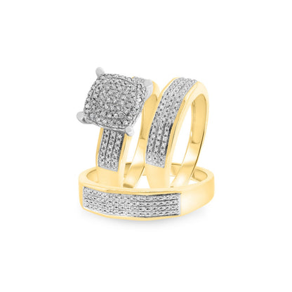 14K Yellow Gold Finish His & Her Trio Ring Set For Engagement