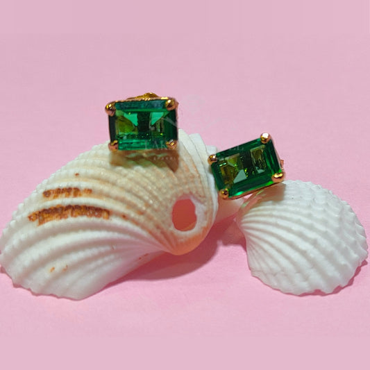 14K Yellow Gold Finish Green Emerald Women's Stud Earrings