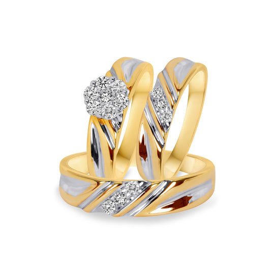 His & Her Round Cut Diamond 14K White & Yellow Gold Finish Wedding Trio Ring Set