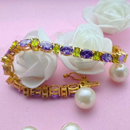 Oval Cut Amethyst & Peridot 14K Yellow Gold Finish Silver Women's Bracelet