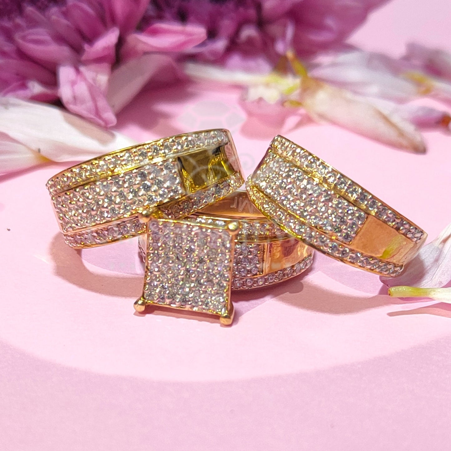 Women's & Men's Trio Ring Set 14K Yellow Gold Finish Round Cut Diamond
