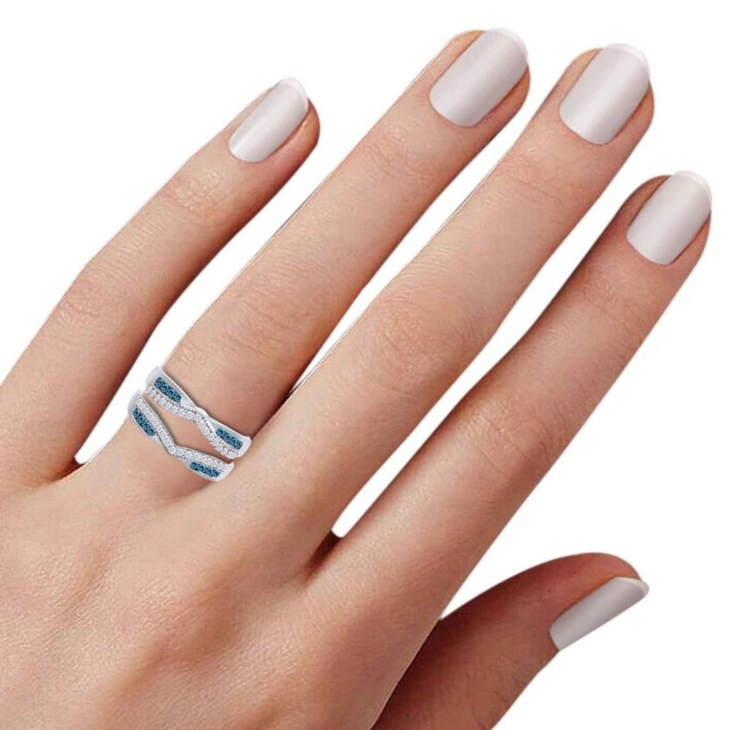 Round Cut Blue Topaz 14K White Gold Finish Wrap Enhancer Band Ring