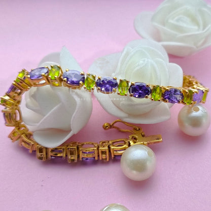 Oval Cut Amethyst & Peridot 14K Yellow Gold Finish Silver Women's Bracelet