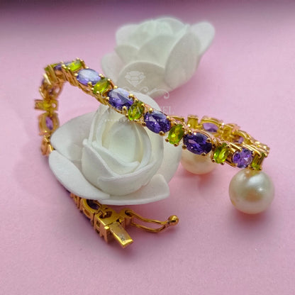 Oval Cut Amethyst & Peridot 14K Yellow Gold Finish Silver Women's Bracelet