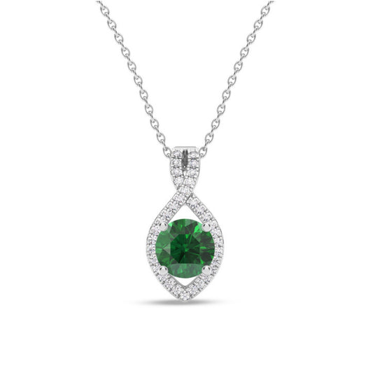 Women's 14K White Gold Finish Round Cut Emerald & Diamond Pendant