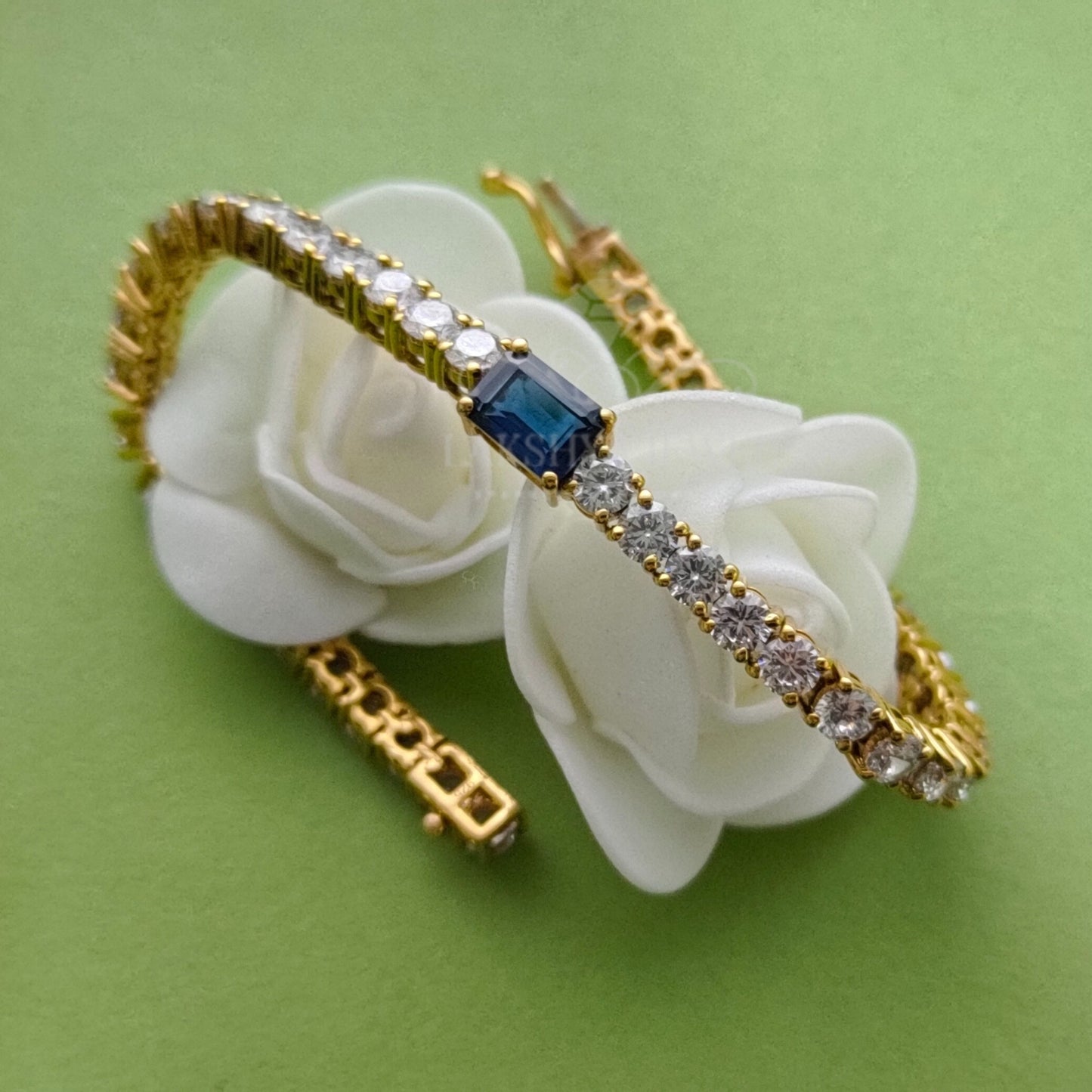 Emerald Cut Blue Sapphire & Round Diamond Women's Classic Bracelet