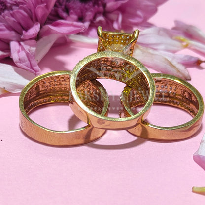 Women's & Men's Trio Ring Set 14K Yellow Gold Finish Round Cut Diamond