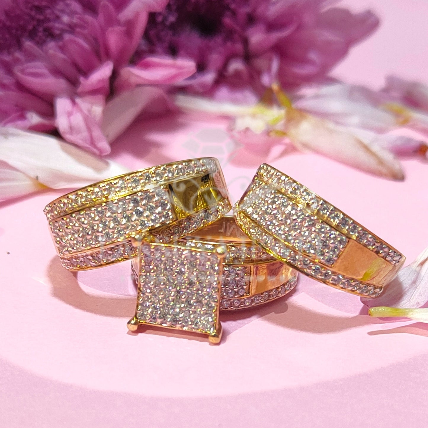 Women's & Men's Trio Ring Set 14K Yellow Gold Finish Round Cut Diamond