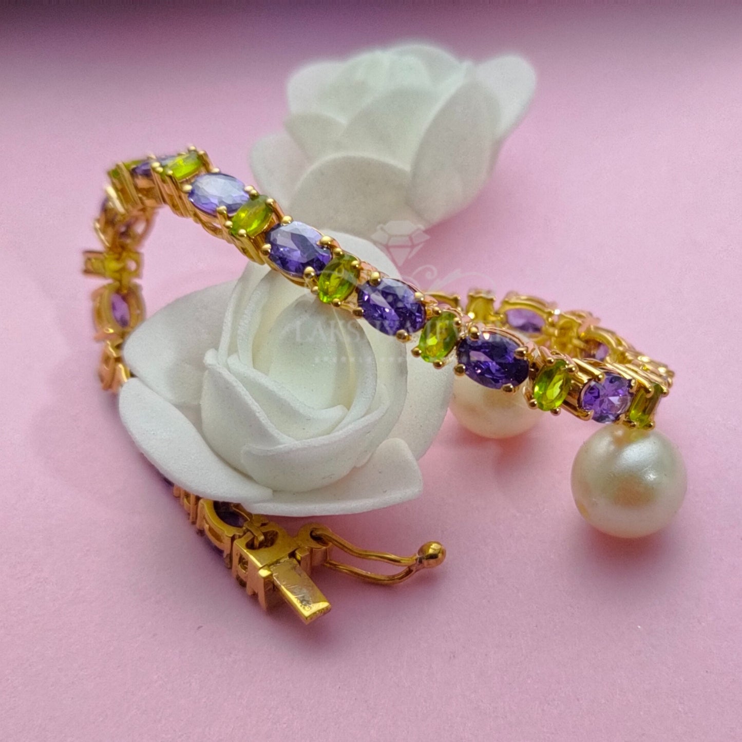 Oval Cut Amethyst & Peridot 14K Yellow Gold Finish Silver Women's Bracelet