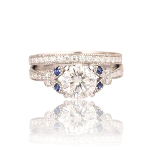 Wedding Wear Round Cut Diamond & Sapphire Ring Set
