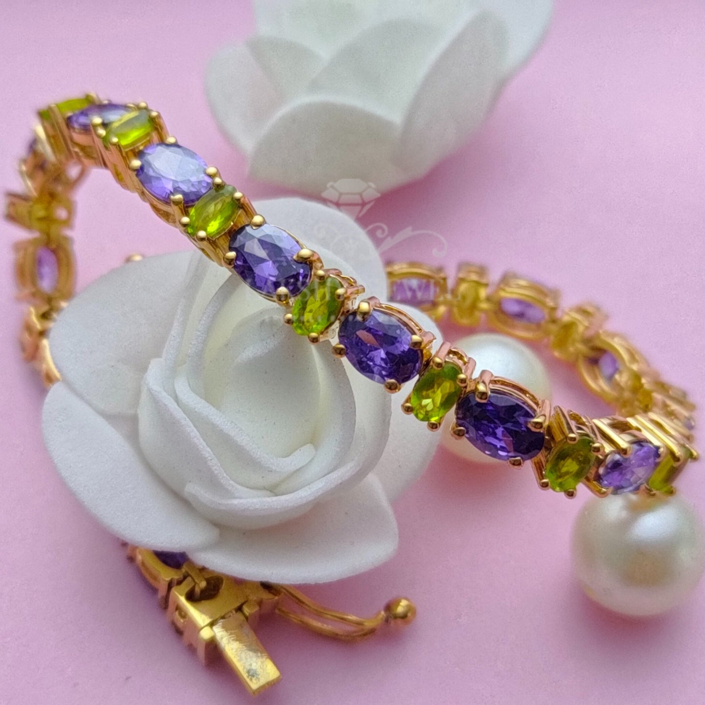 Oval Cut Amethyst & Peridot 14K Yellow Gold Finish Silver Women's Bracelet